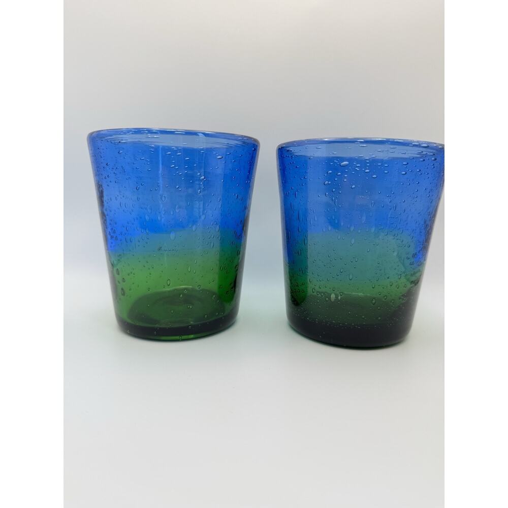 Zwiesel set of 4 Blue/Green handblown Bubble Glasses Tumbler Cocktail‎ Vintage